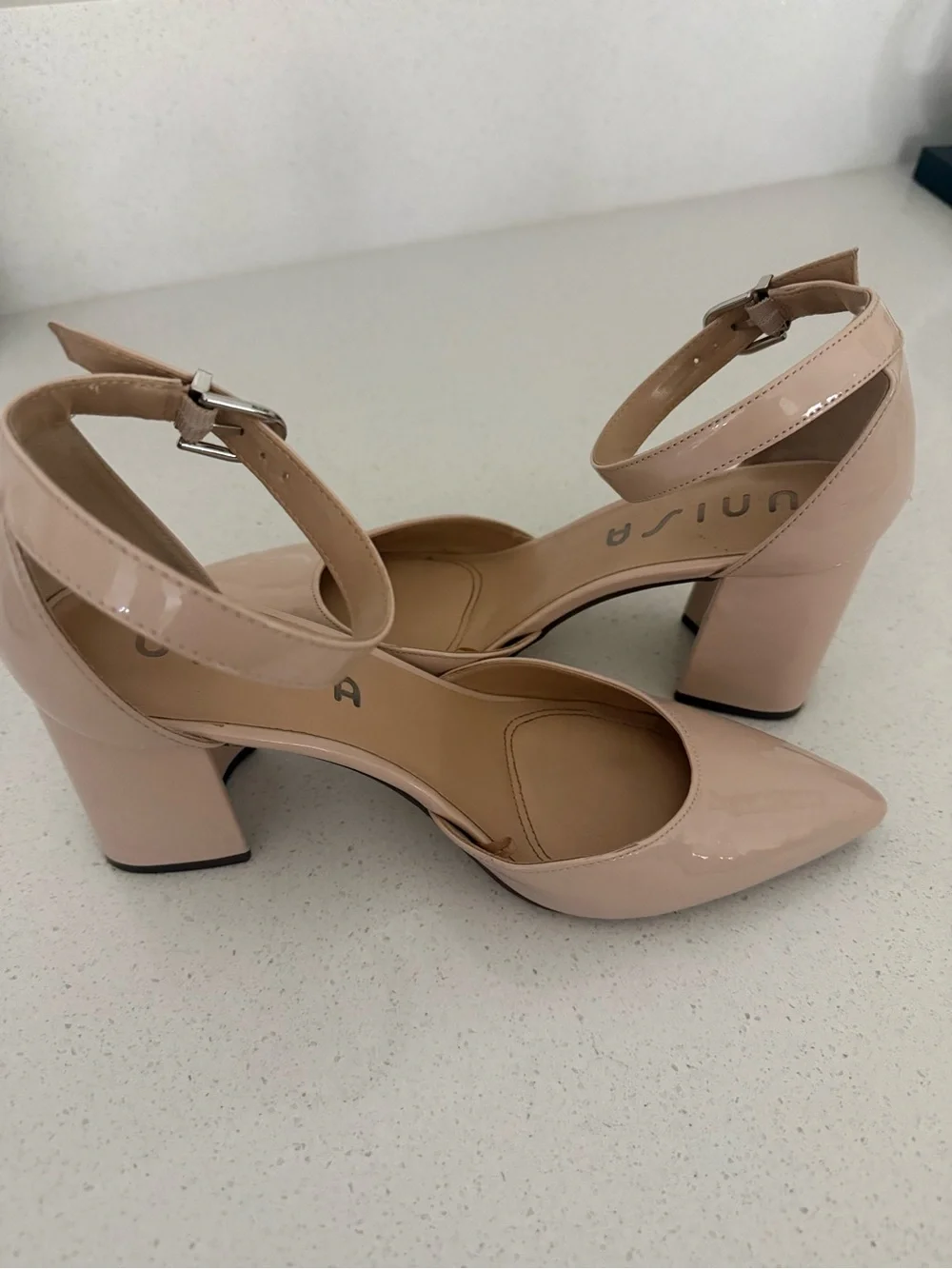 Unisa Beige Patent Pointed-Toe Ankle-Strap Heels